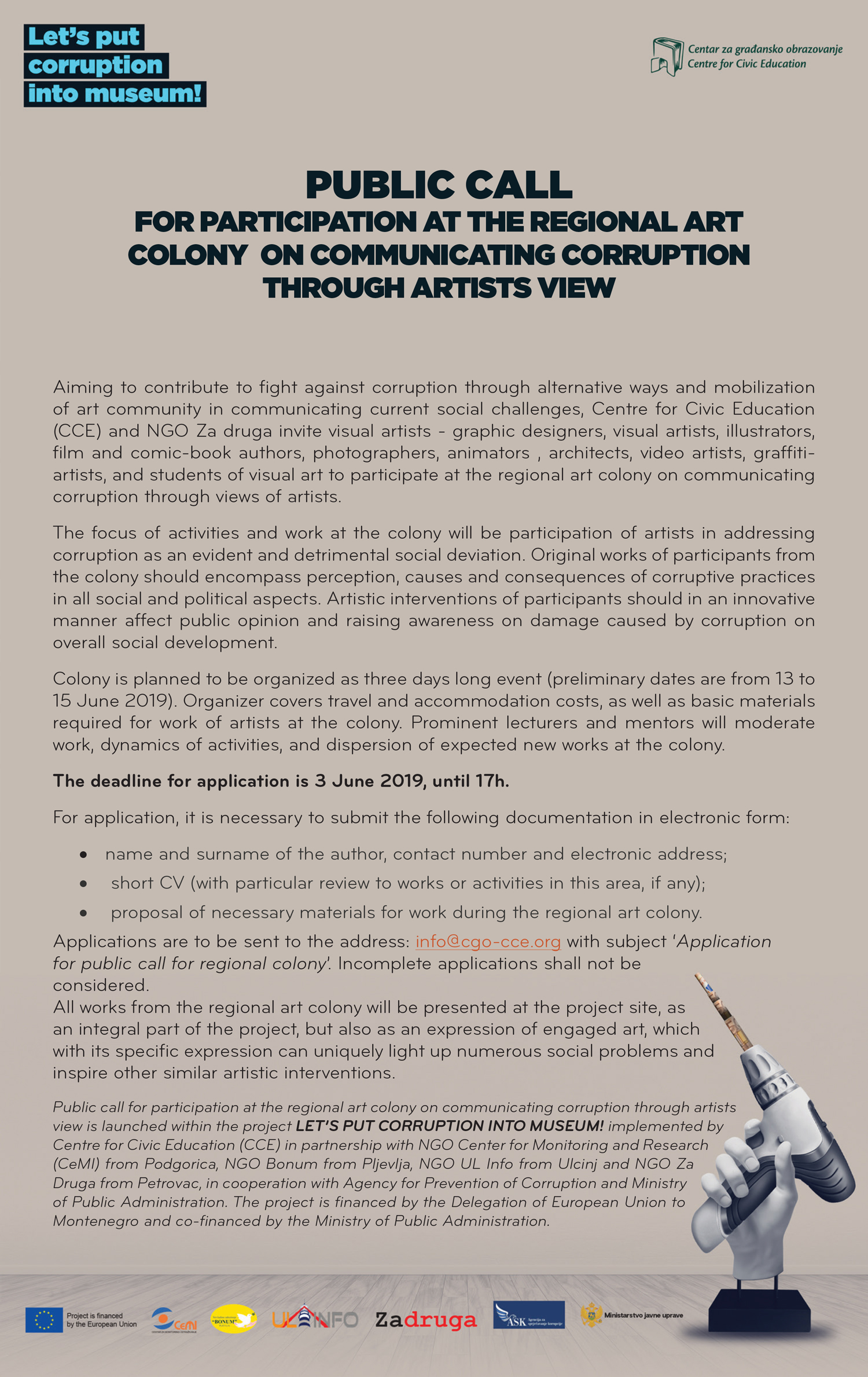 Public call for participation at the regional art colony on communicating corruption through artists view